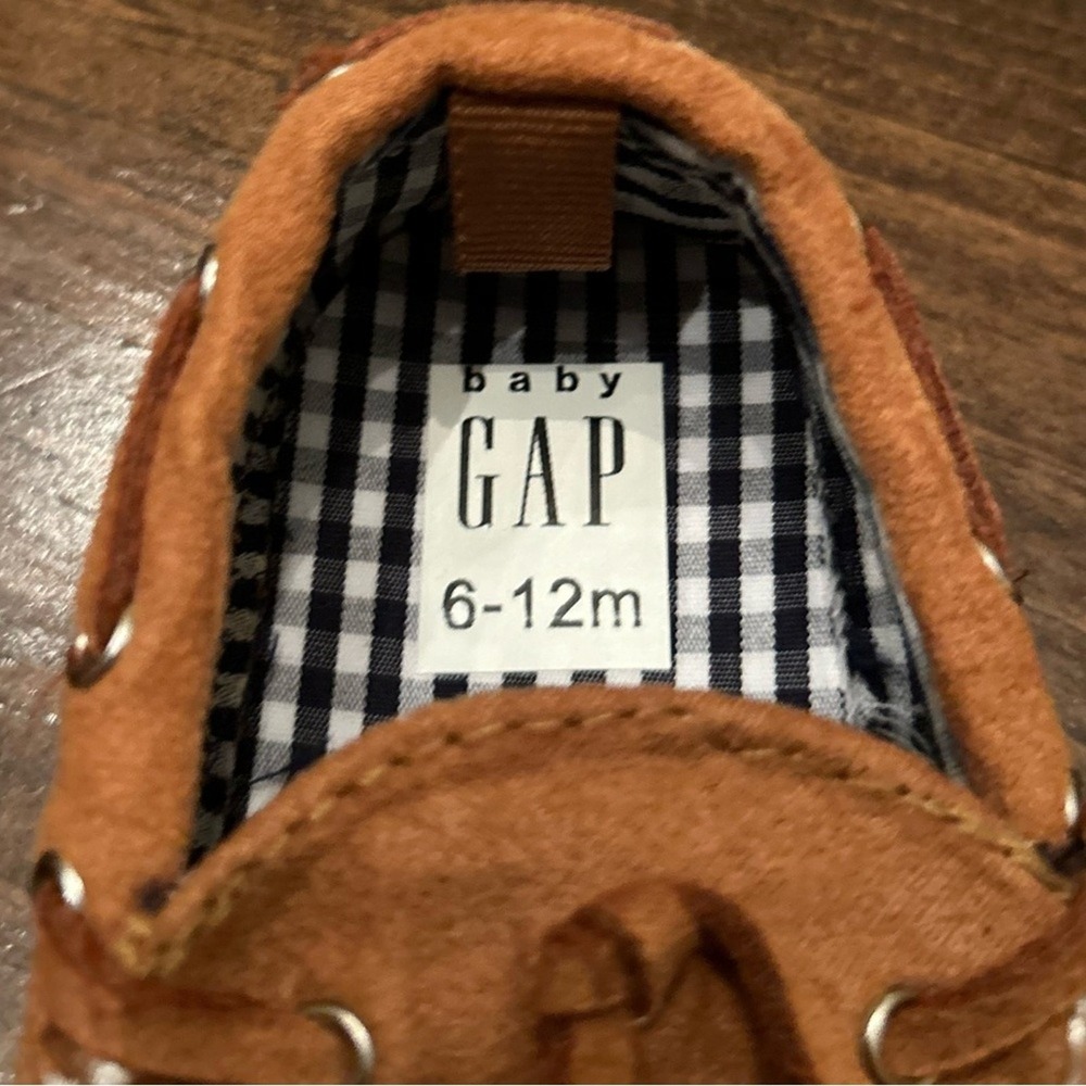Baby Gap Moccasin Shoes Baby 6-12m Brown Excellent Faux Suede Gingham Preppy - Picture 4 of 7
